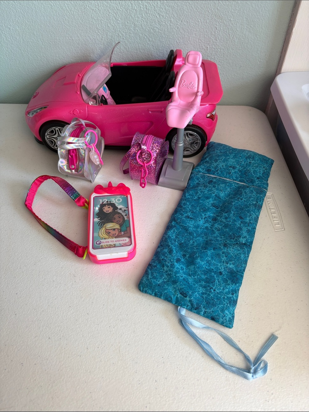 Miscellaneous Barbie Lot with Pink Convertible Car, Luggage, Etc.